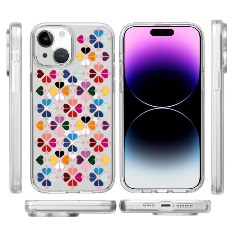 For iPhone 14 Transparent Crystal Red Heart Pattern Magnetic Phone Case - Transparent