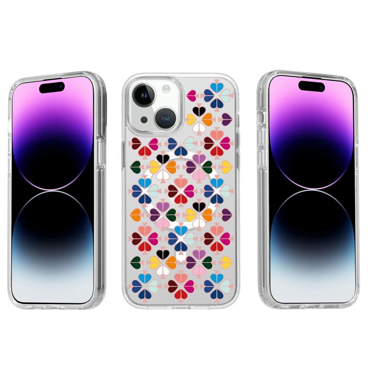 For iPhone 14 Transparent Crystal Red Heart Pattern Magnetic Phone Case - Transparent
