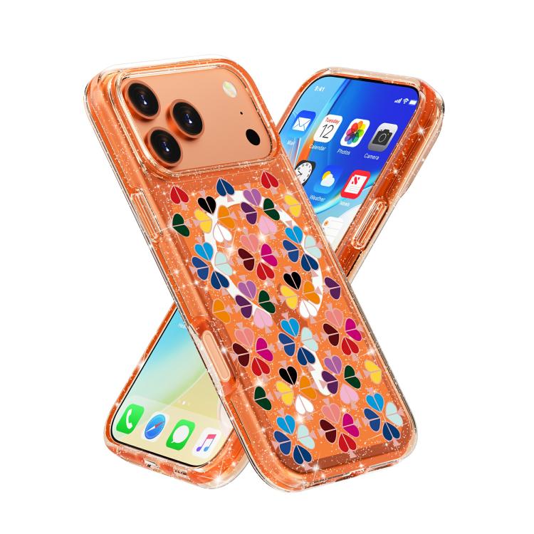 For iPhone 17 Pro Glittering Crystal Red Heart Pattern Magnetic Phone Case
