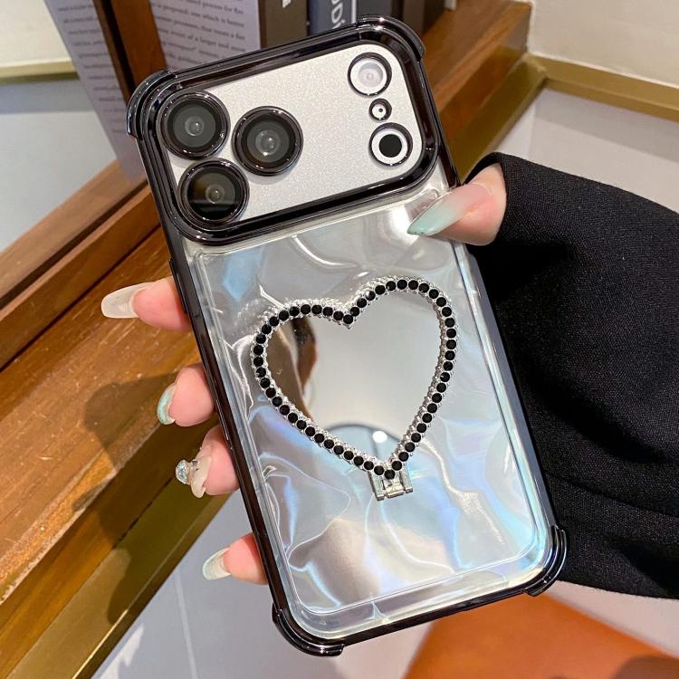 For iPhone 17 Pro Max Heart-shaped Mirror Electroplated TPU + Acrylic Phone Case with Holder