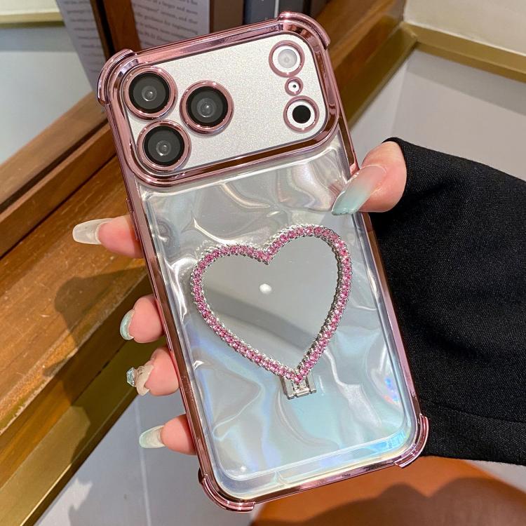 For iPhone 17 Pro Heart-shaped Mirror Electroplated TPU + Acrylic Phone Case with Holder