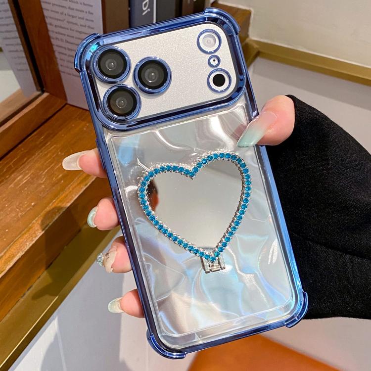 For iPhone 17 Pro Heart-shaped Mirror Electroplated TPU + Acrylic Phone Case with Holder