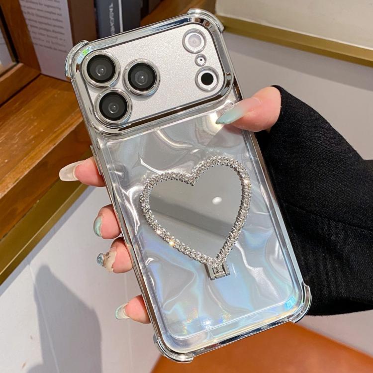 For iPhone 17 Pro Heart-shaped Mirror Electroplated TPU + Acrylic Phone Case with Holder