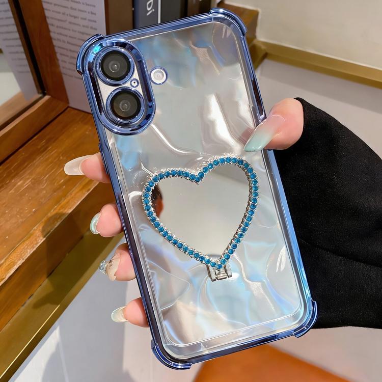 For iPhone 17 Heart-shaped Mirror Electroplated TPU + Acrylic Phone Case with Holder