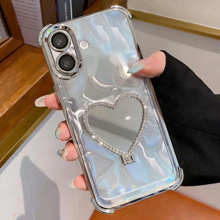 For iPhone 17 Heart-shaped Mirror Electroplated TPU + Acrylic Phone Case with Holder