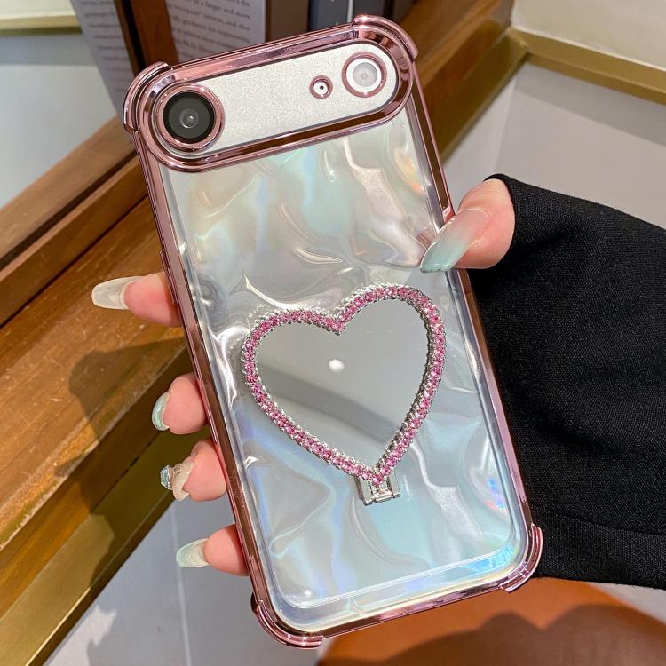 For iPhone Air Heart-shaped Mirror Electroplated TPU + Acrylic Phone Case with Holder
