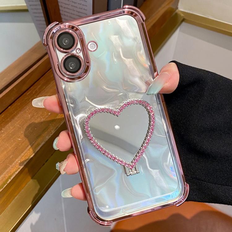For iPhone 16 Plus Heart-shaped Mirror Electroplated TPU + Acrylic Phone Case with Holder