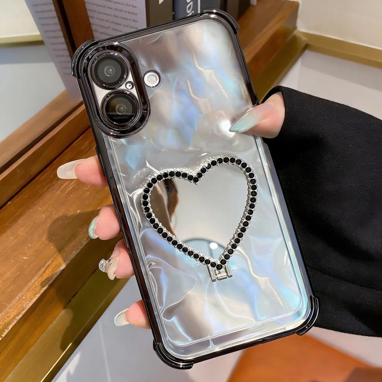 For iPhone 16 Plus Heart-shaped Mirror Electroplated TPU + Acrylic Phone Case with Holder