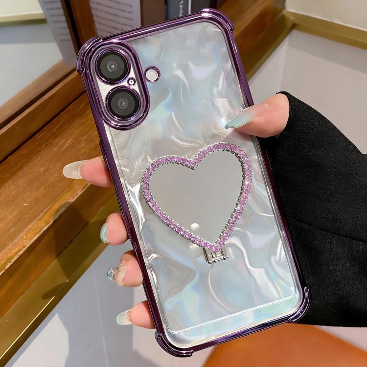 For iPhone 16 Plus Heart-shaped Mirror Electroplated TPU + Acrylic Phone Case with Holder
