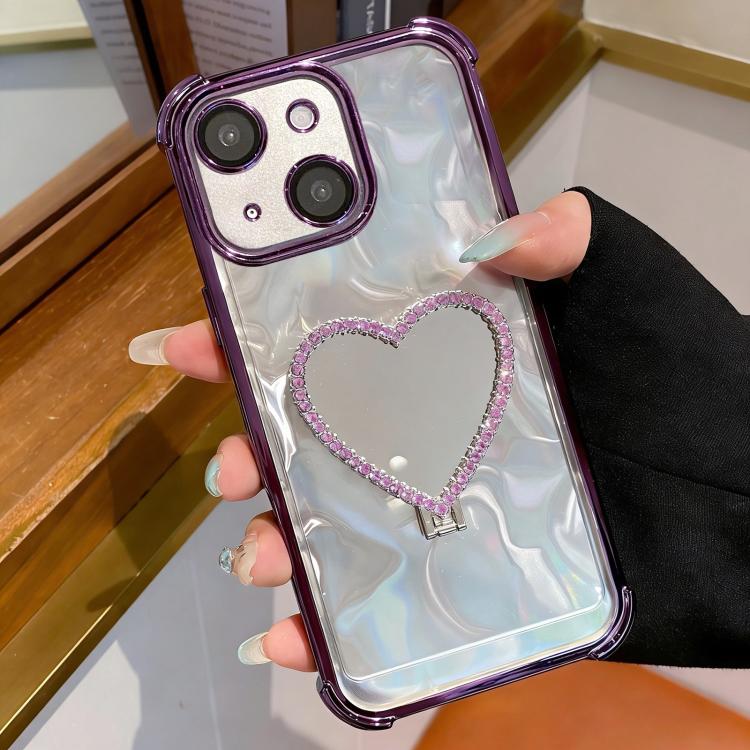 For iPhone 15 Plus Heart-shaped Mirror Electroplated TPU + Acrylic Phone Case with Holder