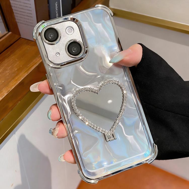 For iPhone 15 Plus Heart-shaped Mirror Electroplated TPU + Acrylic Phone Case with Holder