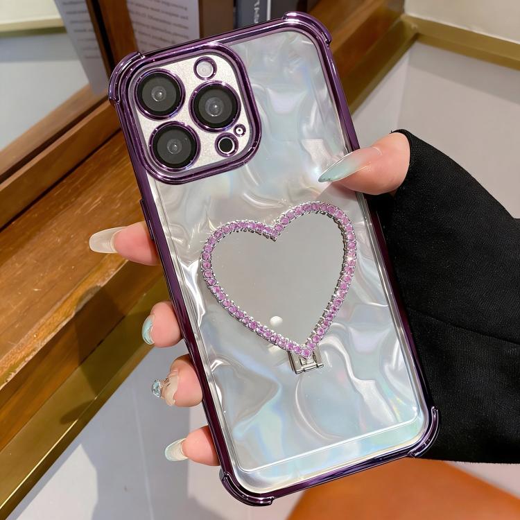 For iPhone 13 Pro Max Heart-shaped Mirror Electroplated TPU + Acrylic Phone Case with Holder