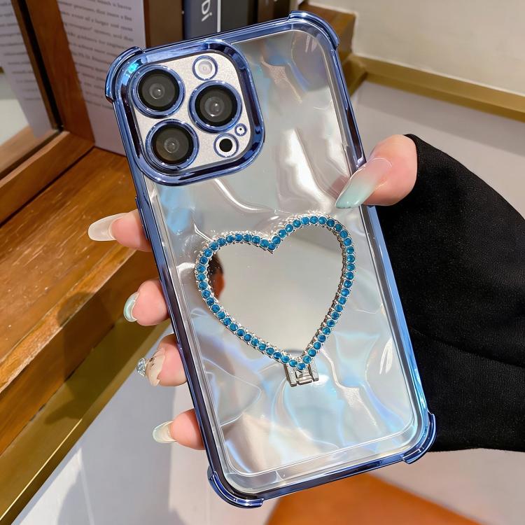 For iPhone 13 Pro Heart-shaped Mirror Electroplated TPU + Acrylic Phone Case with Holder
