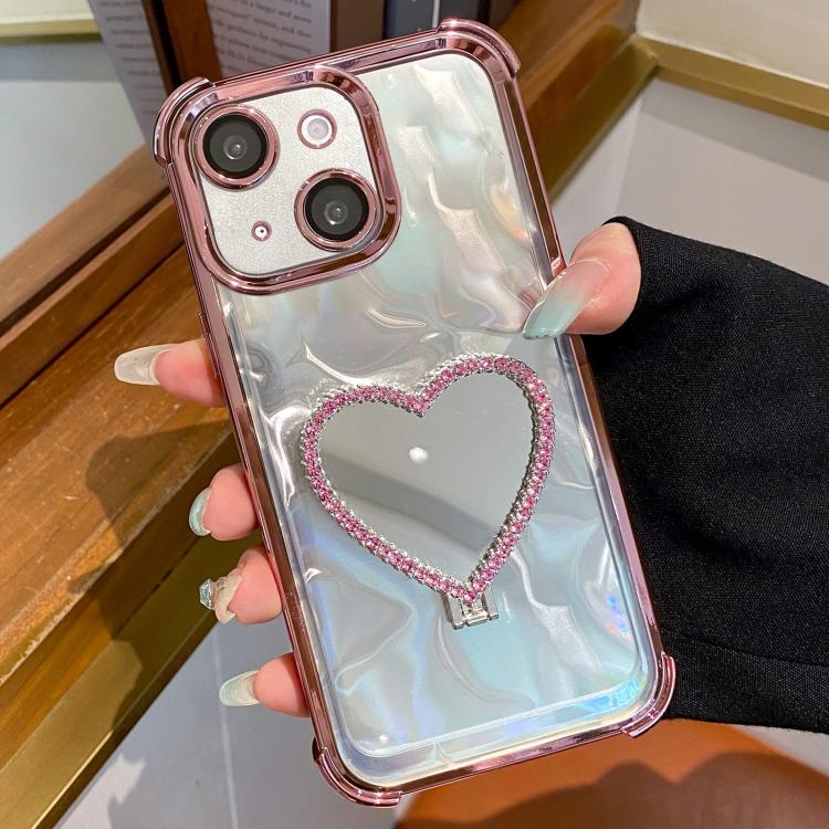 For iPhone 13 Heart-shaped Mirror Electroplated TPU + Acrylic Phone Case with Holder