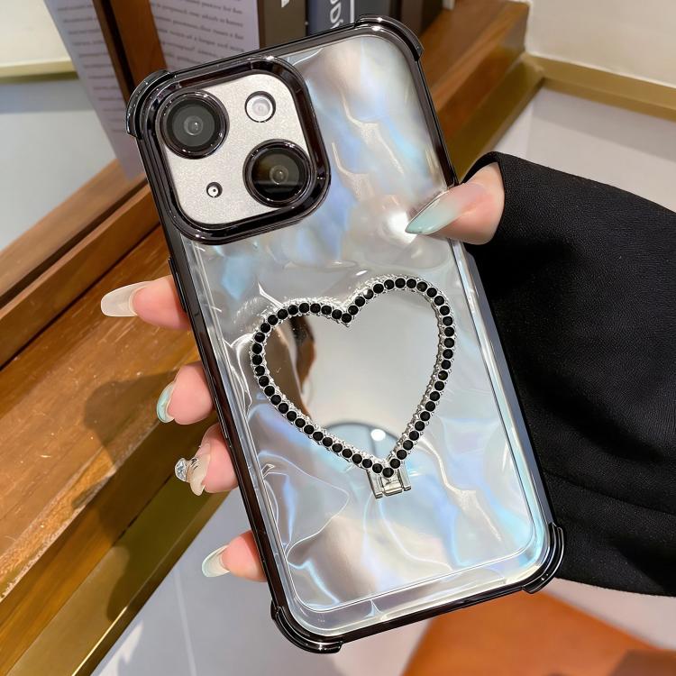 For iPhone 13 Heart-shaped Mirror Electroplated TPU + Acrylic Phone Case with Holder