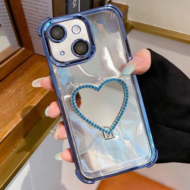 For iPhone 13 Heart-shaped Mirror Electroplated TPU + Acrylic Phone Case with Holder