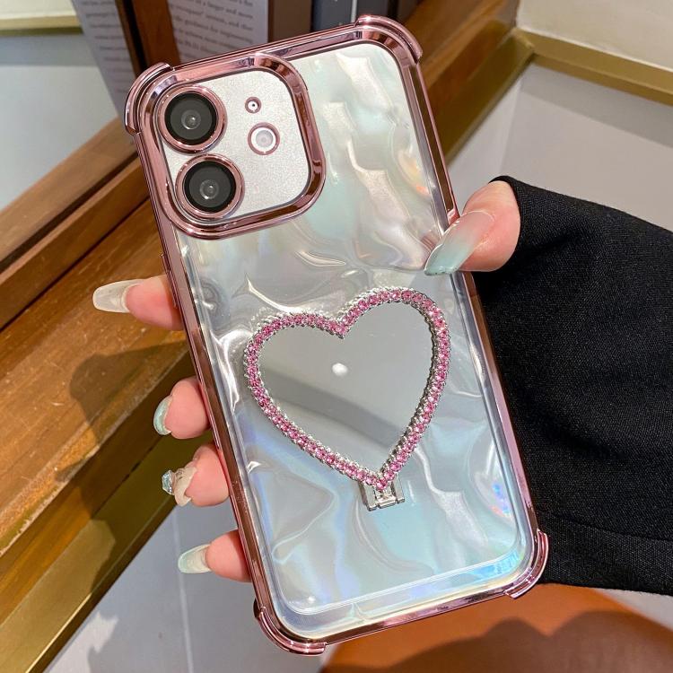 For iPhone 12 Heart-shaped Mirror Electroplated TPU + Acrylic Phone Case with Holder