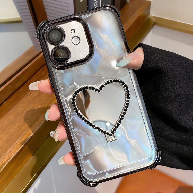 For iPhone 12 Heart-shaped Mirror Electroplated TPU + Acrylic Phone Case with Holder