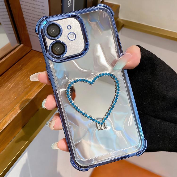 For iPhone 12 Heart-shaped Mirror Electroplated TPU + Acrylic Phone Case with Holder