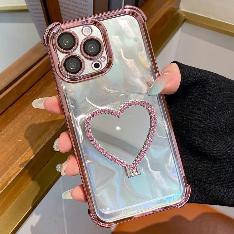 For iPhone 12 Pro Heart-shaped Mirror Electroplated TPU + Acrylic Phone Case with Holder