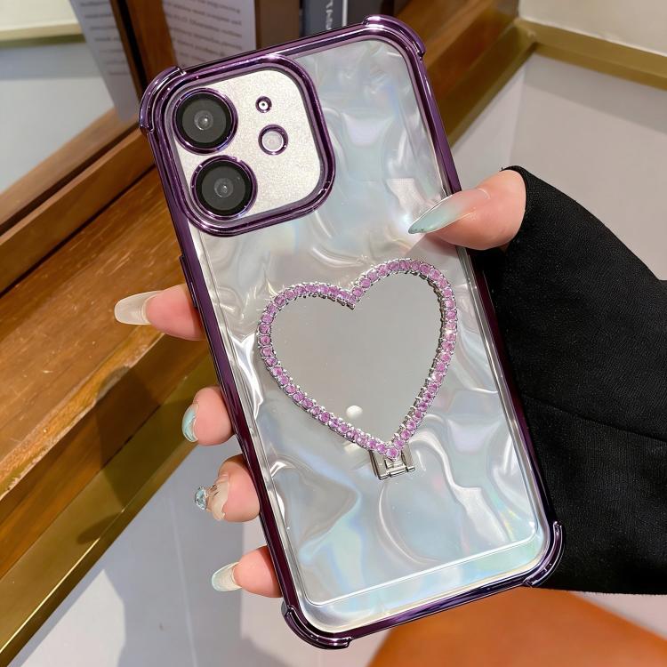 For iPhone 11 Heart-shaped Mirror Electroplated TPU + Acrylic Phone Case with Holder