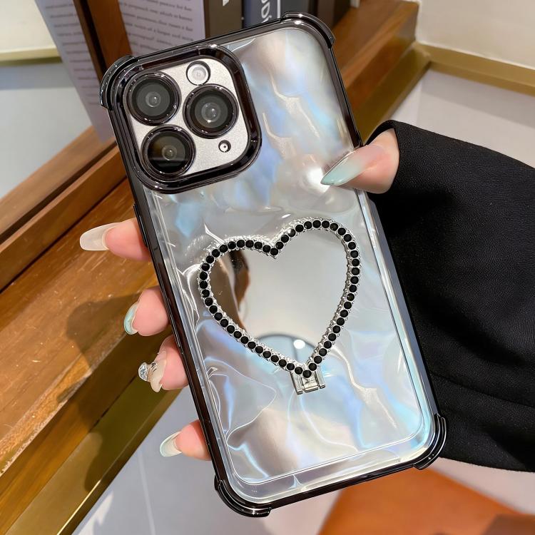 For iPhone 11 Pro Heart-shaped Mirror Electroplated TPU + Acrylic Phone Case with Holder