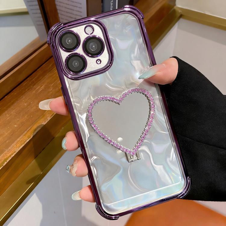 For iPhone 11 Pro Heart-shaped Mirror Electroplated TPU + Acrylic Phone Case with Holder