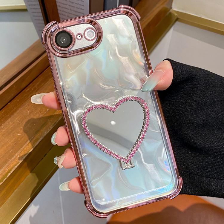 For iPhone 16e / 17e Heart-shaped Mirror Electroplated TPU + Acrylic Phone Case with Holder