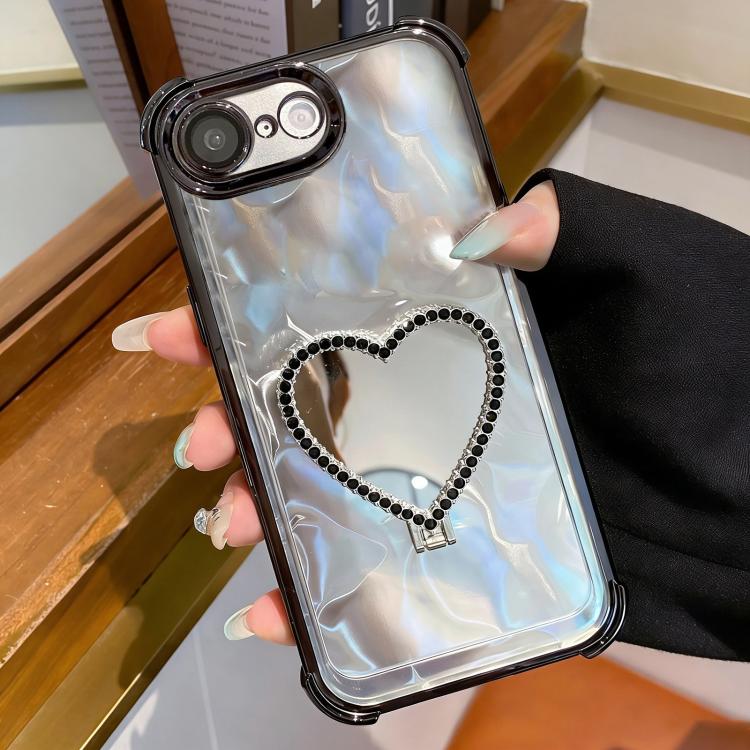 For iPhone 16e / 17e Heart-shaped Mirror Electroplated TPU + Acrylic Phone Case with Holder