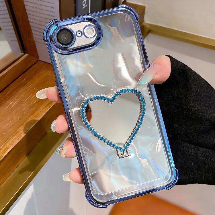 For iPhone 16e / 17e Heart-shaped Mirror Electroplated TPU + Acrylic Phone Case with Holder