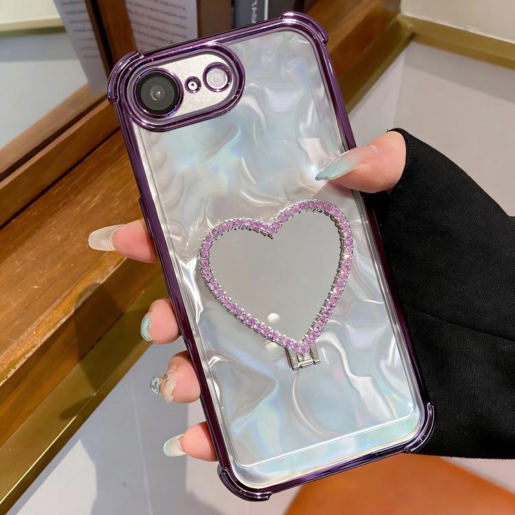 For iPhone 16e / 17e Heart-shaped Mirror Electroplated TPU + Acrylic Phone Case with Holder