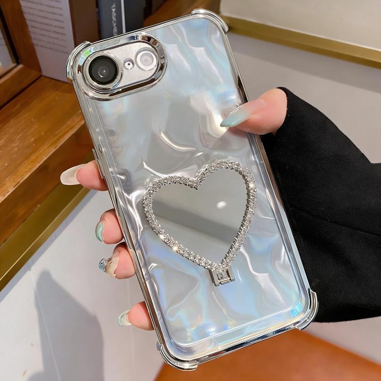 For iPhone 16e / 17e Heart-shaped Mirror Electroplated TPU + Acrylic Phone Case with Holder