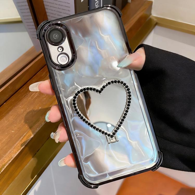 For iPhone XR Heart-shaped Mirror Electroplated TPU + Acrylic Phone Case with Holder