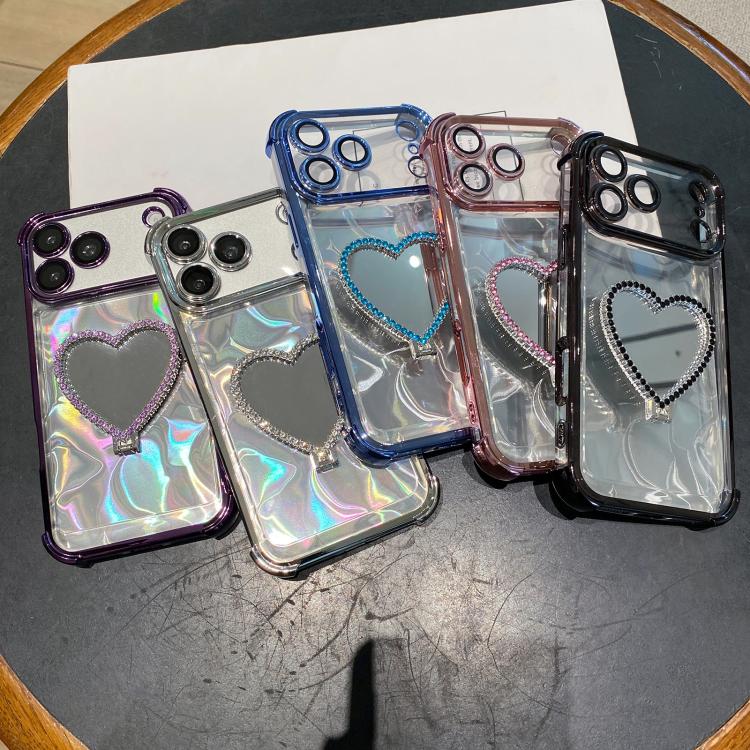 For iPhone 17 Pro Heart-shaped Mirror Electroplated TPU + Acrylic Phone Case with Holder