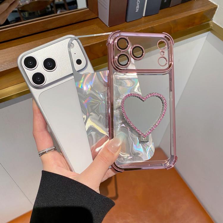For iPhone 17 Heart-shaped Mirror Electroplated TPU + Acrylic Phone Case with Holder