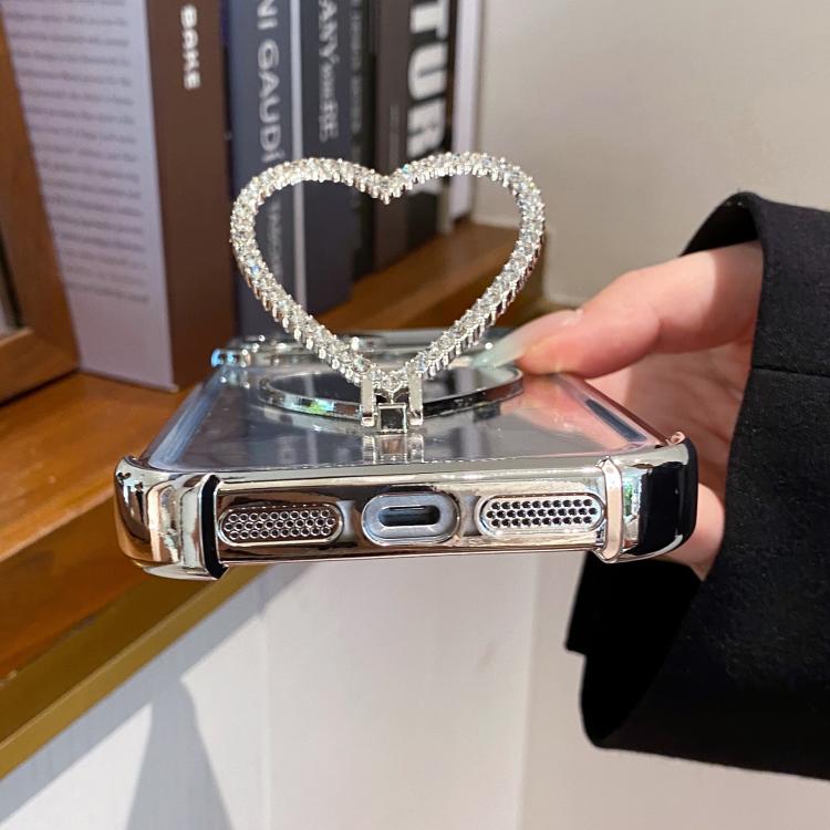 For iPhone 12 Heart-shaped Mirror Electroplated TPU + Acrylic Phone Case with Holder