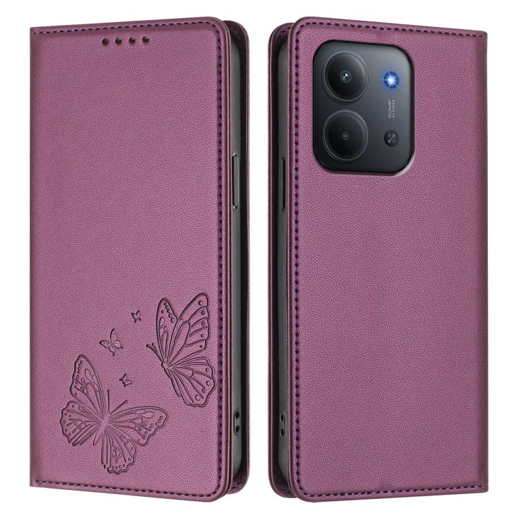 For Redmi 15C 5G / 4G EU 173mm / Poco C85 5G Strong Magnetic Dual Butterfly RFID Vegan Leather Phone Case
