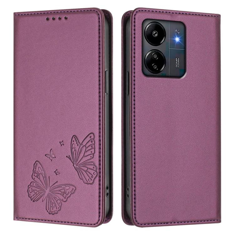For Redmi 13C 4G / 5G / Poco C65 Strong Magnetic Dual Butterfly RFID Vegan Leather Phone Case