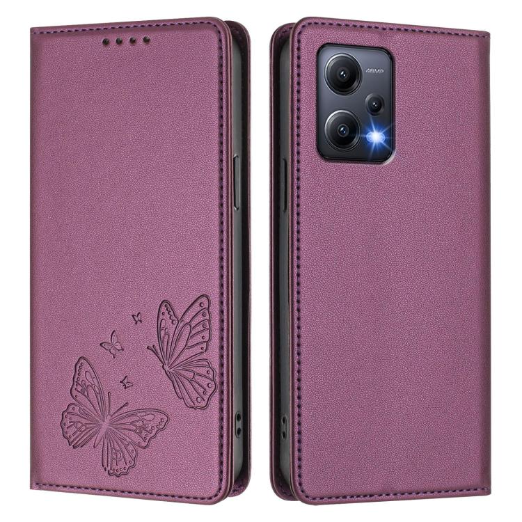 For Redmi Note 12 5G / Poco X5 Strong Magnetic Dual Butterfly RFID Vegan Leather Phone Case