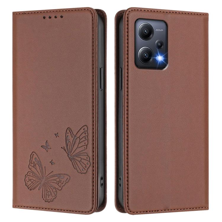 For Redmi Note 12 5G / Poco X5 Strong Magnetic Dual Butterfly RFID Vegan Leather Phone Case