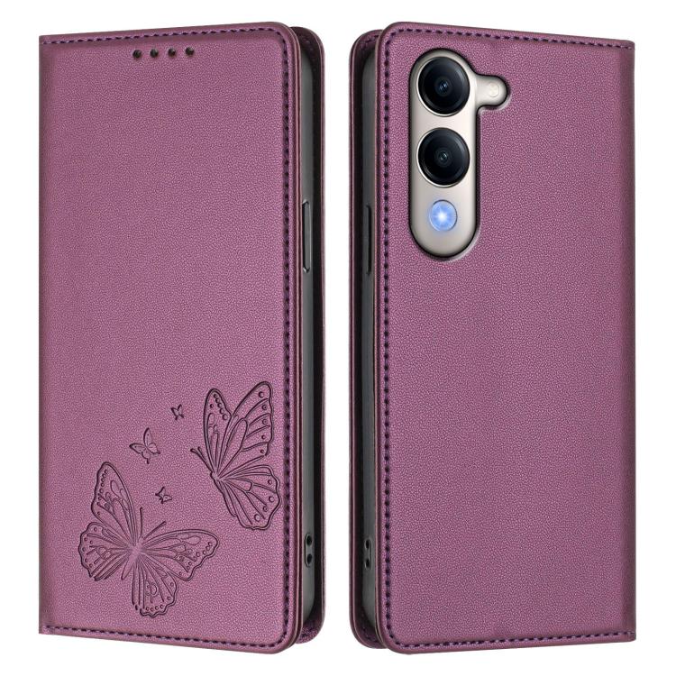 For vivo Y29s 5G Global / Y19 5G India Strong Magnetic Dual Butterfly RFID Vegan Leather Phone Case