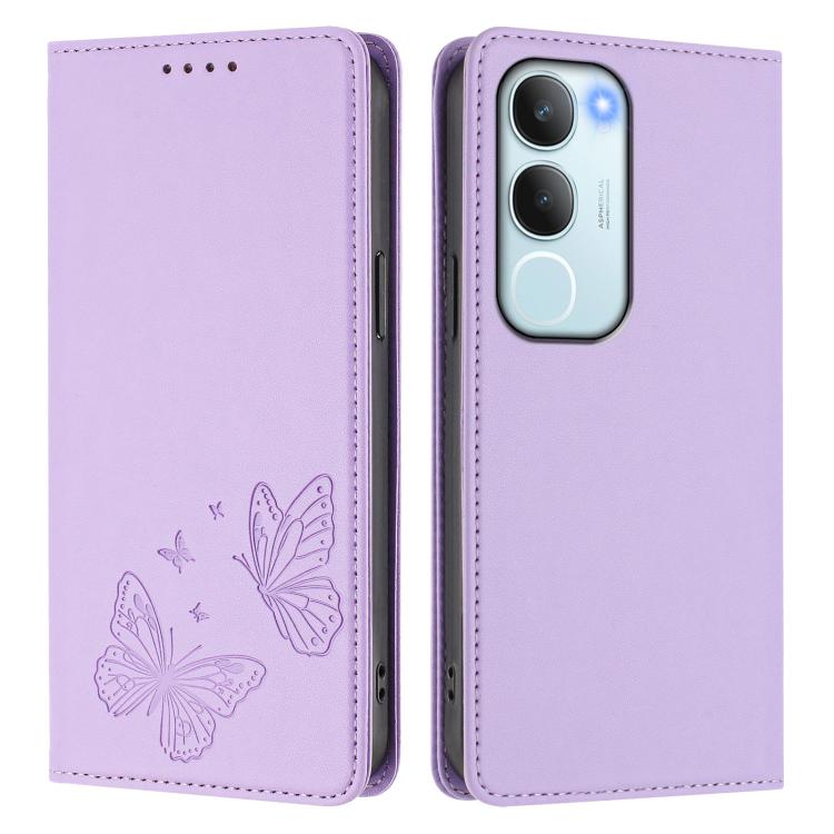 For vivo Y19s 4G Global / Y29 5G India Strong Magnetic Dual Butterfly RFID Vegan Leather Phone Case