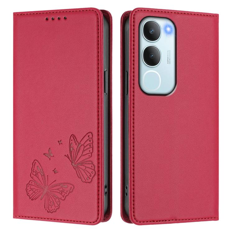 For vivo Y19s 4G Global / Y29 5G India Strong Magnetic Dual Butterfly RFID Vegan Leather Phone Case