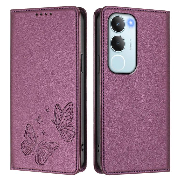 For vivo Y19s 4G Global / Y29 5G India Strong Magnetic Dual Butterfly RFID Vegan Leather Phone Case