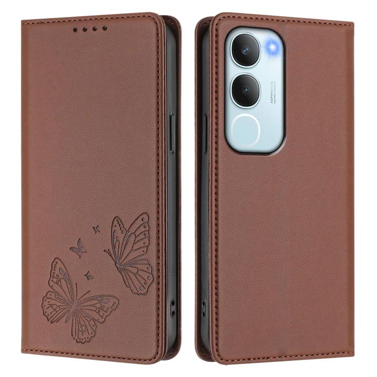 For vivo Y19s 4G Global / Y29 5G India Strong Magnetic Dual Butterfly RFID Vegan Leather Phone Case