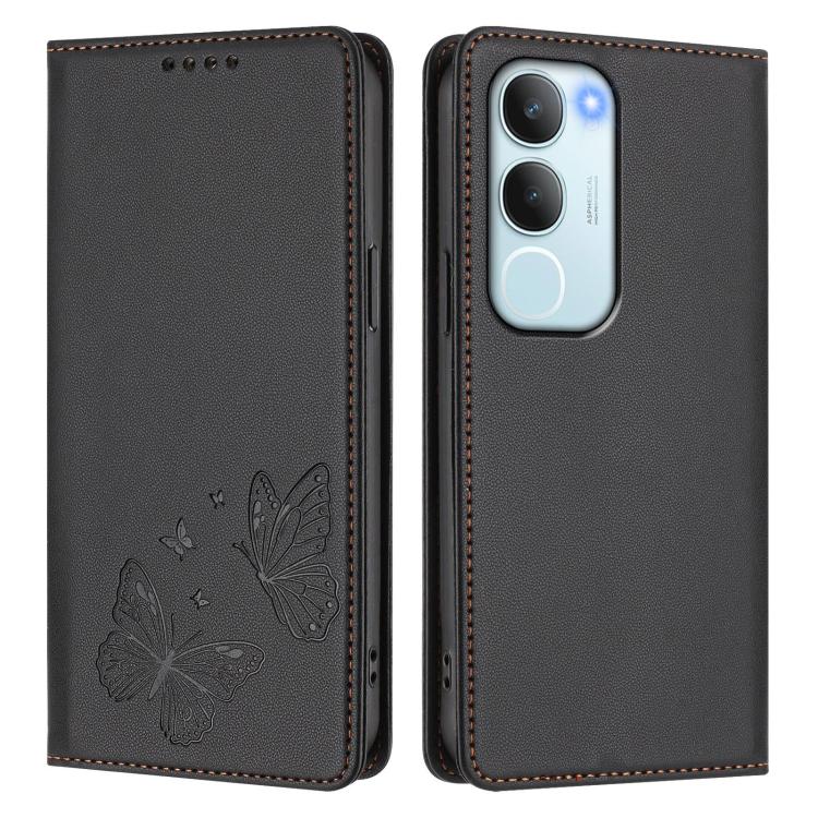 For vivo Y19s 4G Global / Y29 5G India Strong Magnetic Dual Butterfly RFID Vegan Leather Phone Case