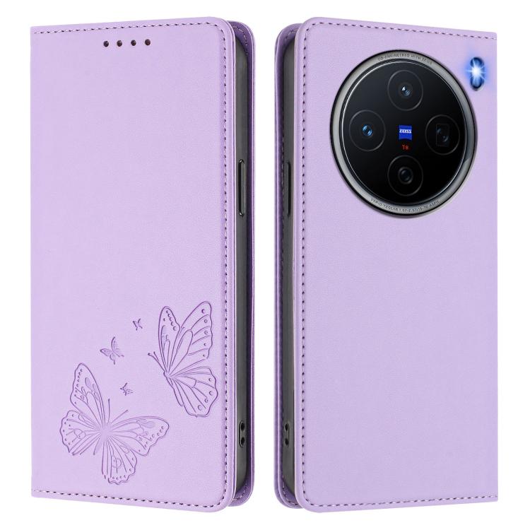 For vivo X200 5G Strong Magnetic Dual Butterfly RFID Vegan Leather Phone Case
