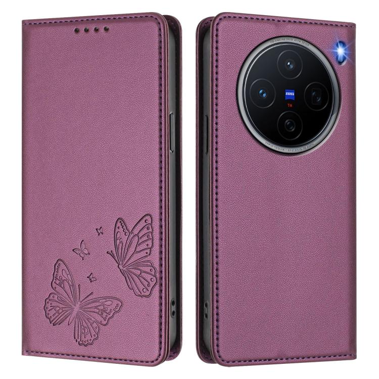 For vivo X200 5G Strong Magnetic Dual Butterfly RFID Vegan Leather Phone Case