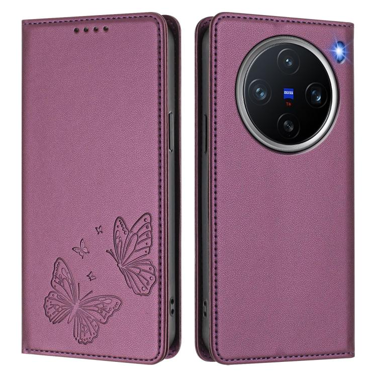 For vivo X200 Pro mini Strong Magnetic Dual Butterfly RFID Vegan Leather Phone Case