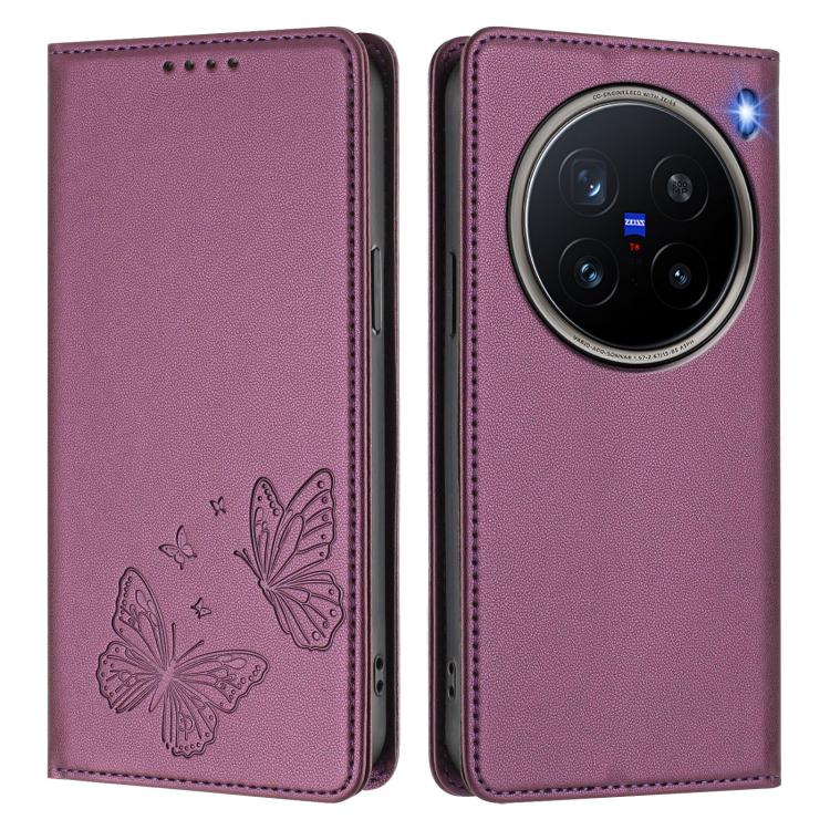 For vivo X200 Pro 5G Strong Magnetic Dual Butterfly RFID Vegan Leather Phone Case
